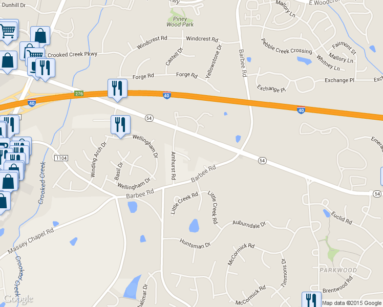 map of restaurants, bars, coffee shops, grocery stores, and more near 120 Canadian Court in Durham