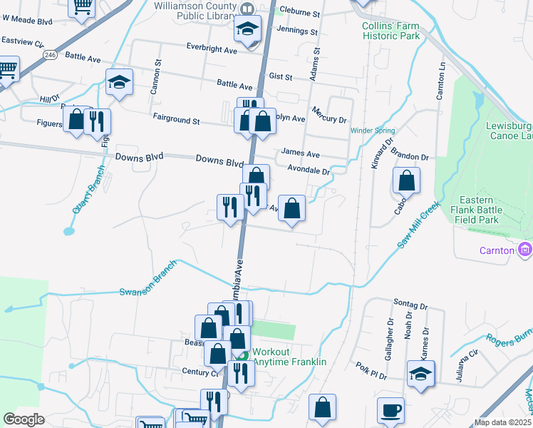 map of restaurants, bars, coffee shops, grocery stores, and more near 104 Carr Avenue in Franklin