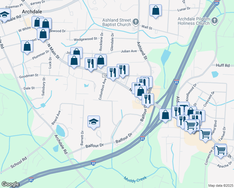map of restaurants, bars, coffee shops, grocery stores, and more near 226 Davidson Street in Archdale