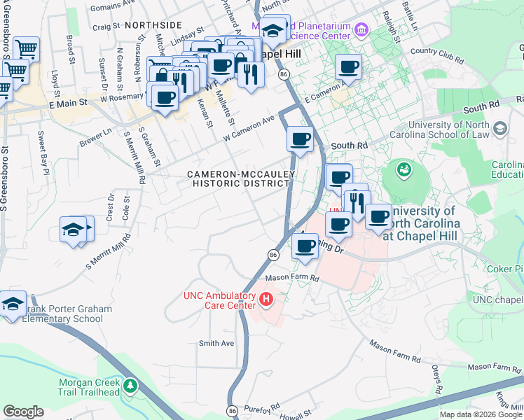 map of restaurants, bars, coffee shops, grocery stores, and more near 208 West University Drive in Chapel Hill
