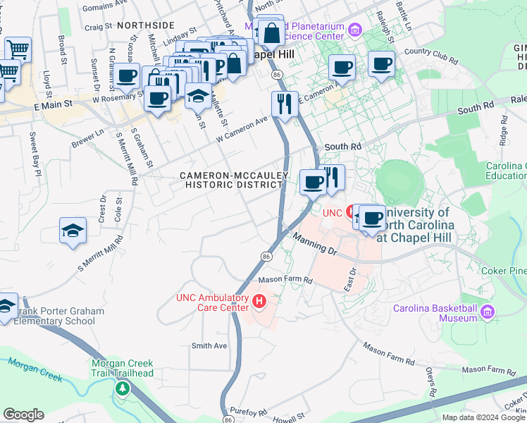 map of restaurants, bars, coffee shops, grocery stores, and more near 208 West University Drive in Chapel Hill