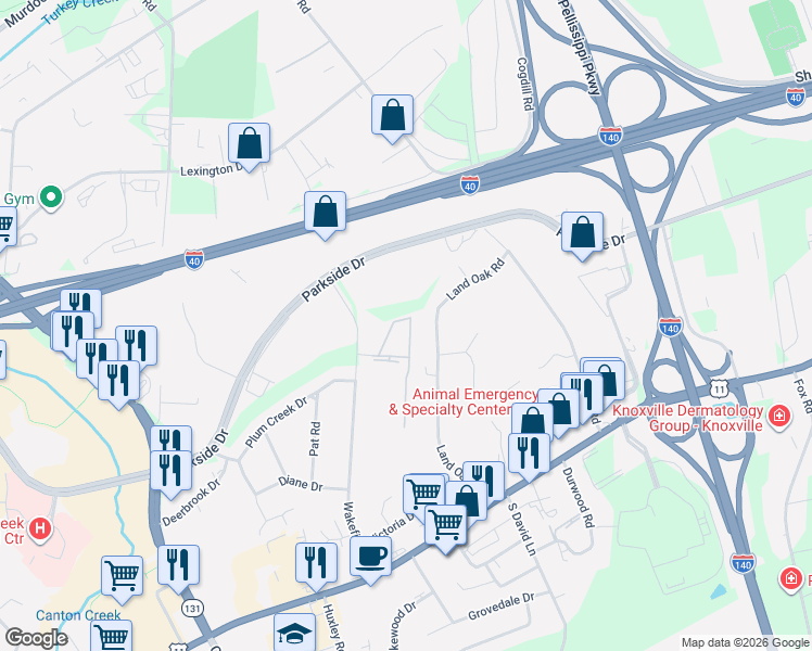 map of restaurants, bars, coffee shops, grocery stores, and more near 428 Amanda Circle in Knoxville
