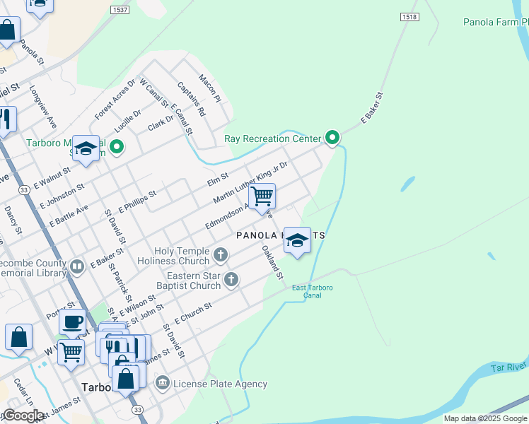 map of restaurants, bars, coffee shops, grocery stores, and more near 1020 Bradley Avenue in Tarboro