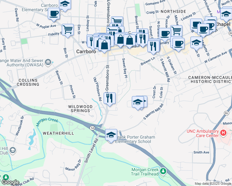 map of restaurants, bars, coffee shops, grocery stores, and more near 114 Purple Leaf Place in Carrboro