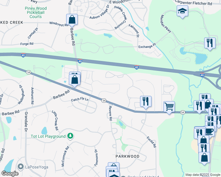 map of restaurants, bars, coffee shops, grocery stores, and more near 1415 North Carolina 54 in Durham