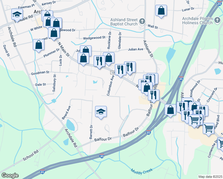map of restaurants, bars, coffee shops, grocery stores, and more near 123 Columbus Avenue in Archdale