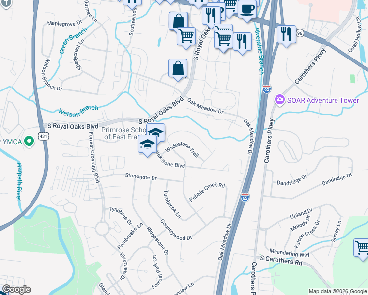 map of restaurants, bars, coffee shops, grocery stores, and more near 712 Wadestone Trail in Franklin