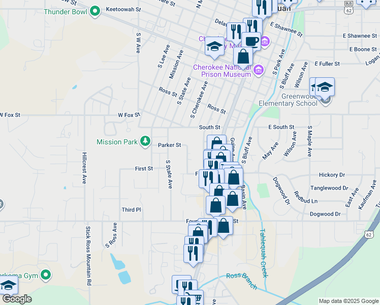 map of restaurants, bars, coffee shops, grocery stores, and more near 705 South Cherokee Avenue in Tahlequah