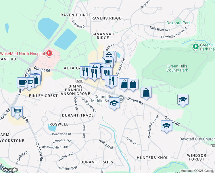 map of restaurants, bars, coffee shops, grocery stores, and more near 1121 Falls River Avenue in Raleigh