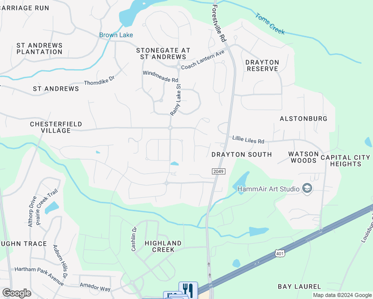 map of restaurants, bars, coffee shops, grocery stores, and more near 3633 Fairstone Road in Wake Forest