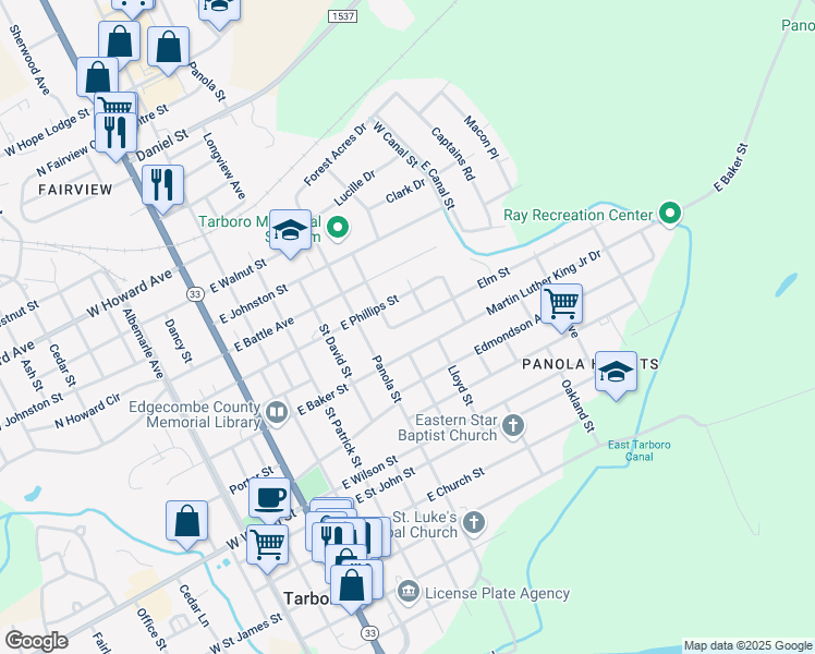 map of restaurants, bars, coffee shops, grocery stores, and more near 609 Elm Street in Tarboro
