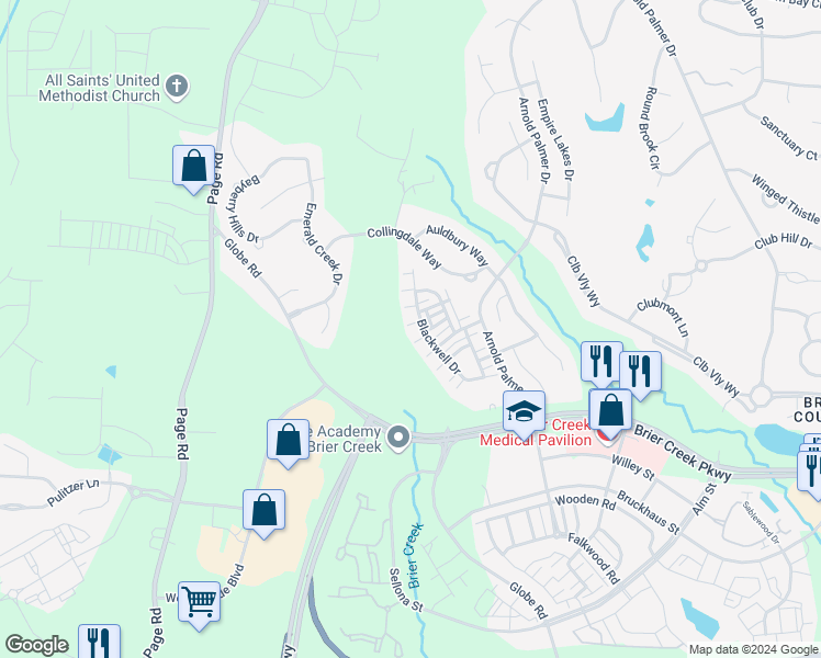 map of restaurants, bars, coffee shops, grocery stores, and more near 9913 Cleaver Court in Raleigh