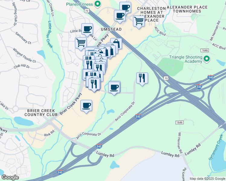 map of restaurants, bars, coffee shops, grocery stores, and more near 3930 Macaw Street in Raleigh