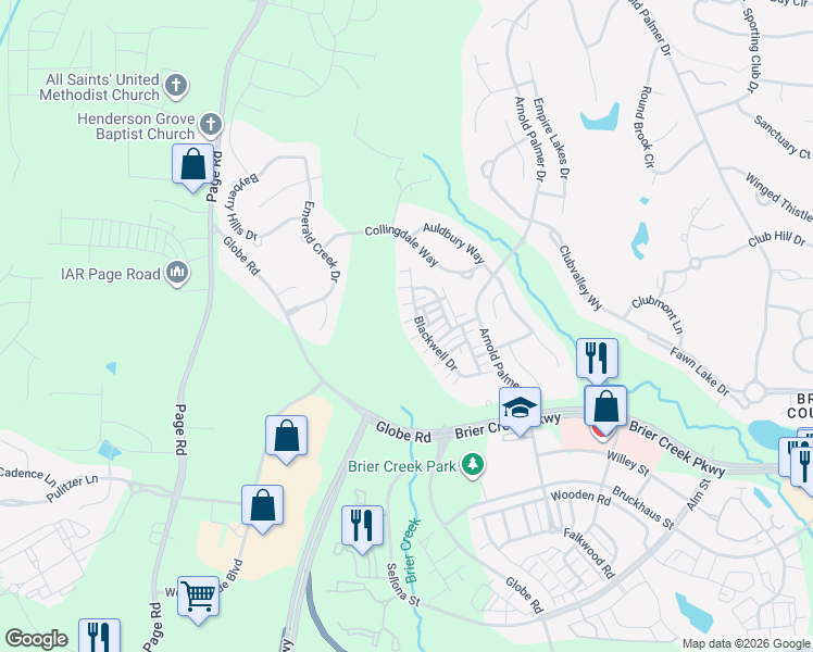 map of restaurants, bars, coffee shops, grocery stores, and more near 10020 Blackwell Drive in Raleigh