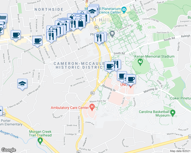 map of restaurants, bars, coffee shops, grocery stores, and more near 208 West University Drive in Chapel Hill
