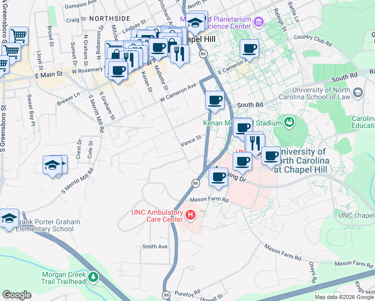 map of restaurants, bars, coffee shops, grocery stores, and more near 208 West University Drive in Chapel Hill