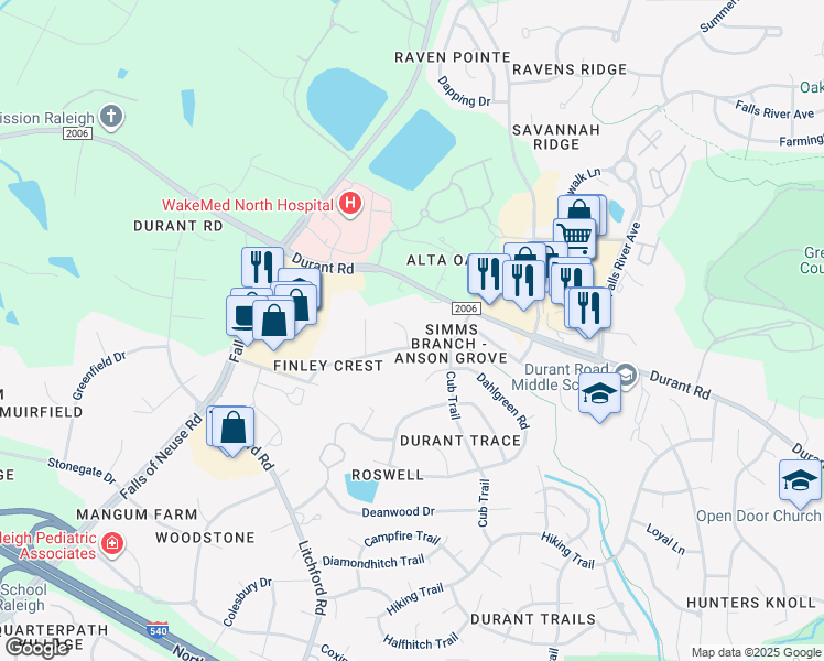 map of restaurants, bars, coffee shops, grocery stores, and more near 9504 Meadowmont Lane in Raleigh