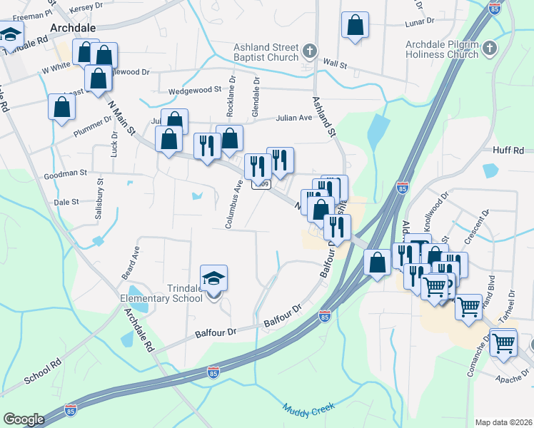 map of restaurants, bars, coffee shops, grocery stores, and more near 226 Davidson Street in Archdale