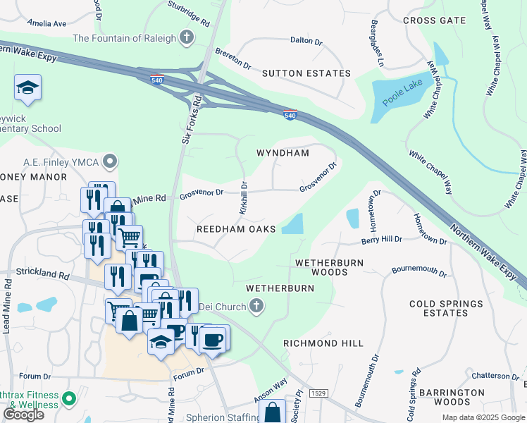 map of restaurants, bars, coffee shops, grocery stores, and more near 313 Gretton Place in Raleigh