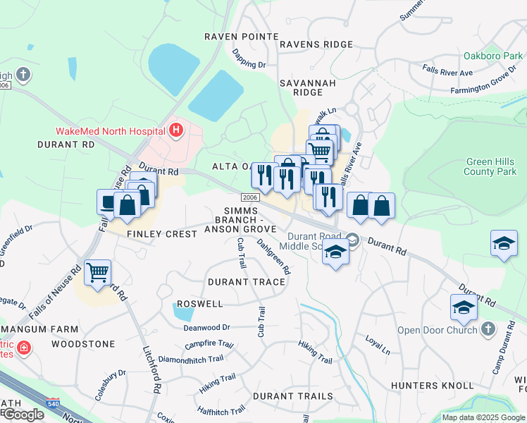 map of restaurants, bars, coffee shops, grocery stores, and more near 2609 Crofton Springs Drive in Raleigh