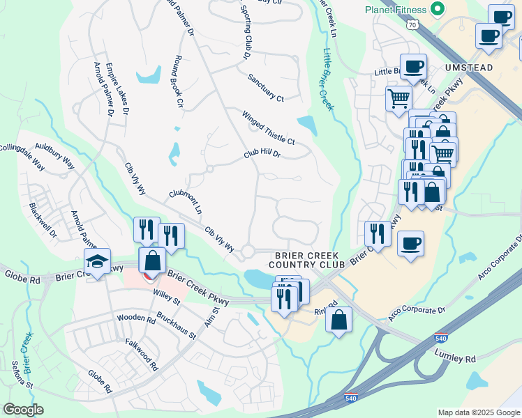 map of restaurants, bars, coffee shops, grocery stores, and more near 10542 Arnold Palmer Drive in Raleigh
