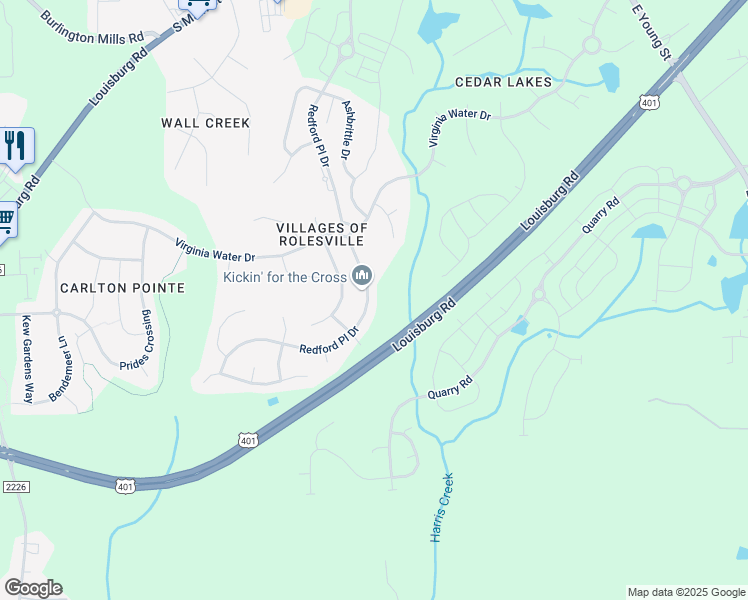 map of restaurants, bars, coffee shops, grocery stores, and more near 541 Redford Place Drive in Rolesville