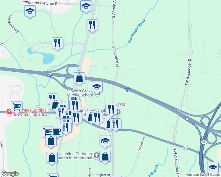map of restaurants, bars, coffee shops, grocery stores, and more near 4352 South Alston Avenue in Durham