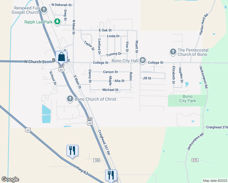 map of restaurants, bars, coffee shops, grocery stores, and more near 303 Michael Street in Bono