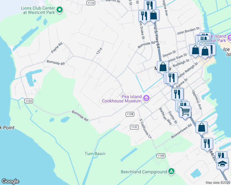 map of restaurants, bars, coffee shops, grocery stores, and more near 112 Jones Circle in Manteo