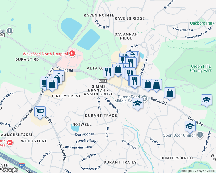 map of restaurants, bars, coffee shops, grocery stores, and more near 2609 Crofton Springs Drive in Raleigh