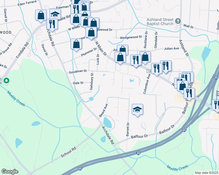 map of restaurants, bars, coffee shops, grocery stores, and more near 802 Brittany Way in Archdale