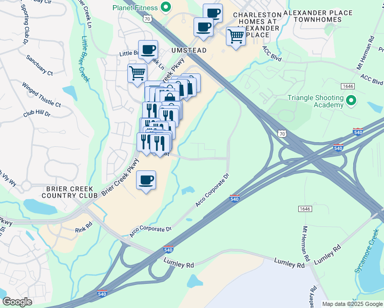 map of restaurants, bars, coffee shops, grocery stores, and more near 3930 Macaw Street in Raleigh