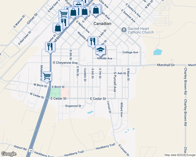 map of restaurants, bars, coffee shops, grocery stores, and more near 600-698 South 7th Street in Canadian