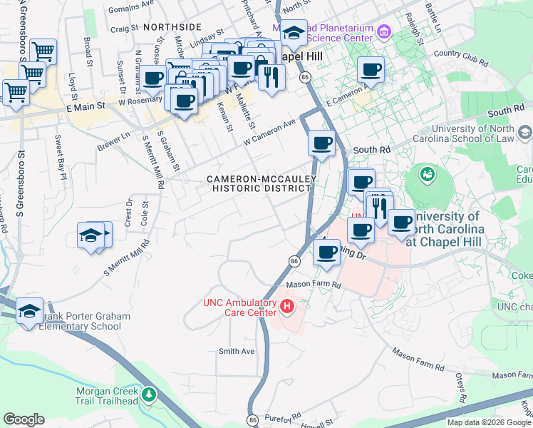 map of restaurants, bars, coffee shops, grocery stores, and more near in Chapel Hill