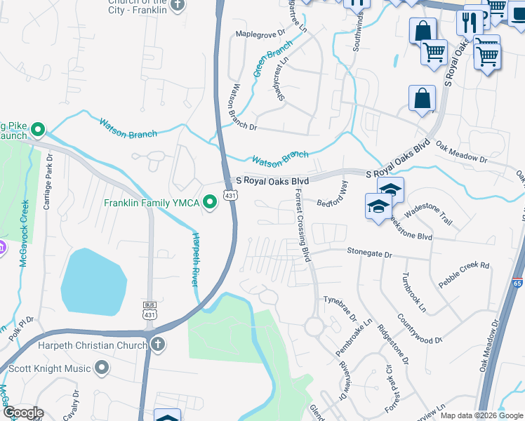 map of restaurants, bars, coffee shops, grocery stores, and more near 413 Chatsworth Court in Franklin