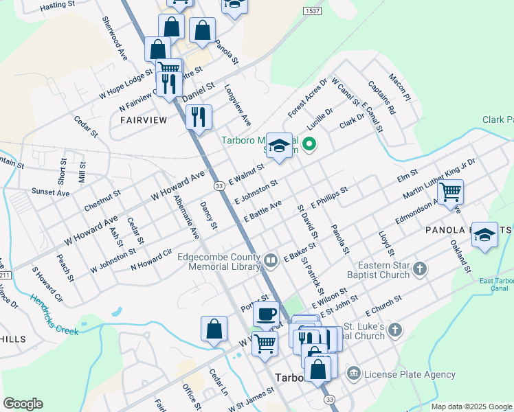 map of restaurants, bars, coffee shops, grocery stores, and more near 1203 Saint Andrew Street in Tarboro