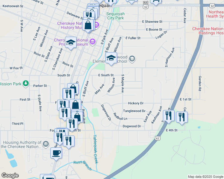 map of restaurants, bars, coffee shops, grocery stores, and more near 707 Wilson Avenue in Tahlequah