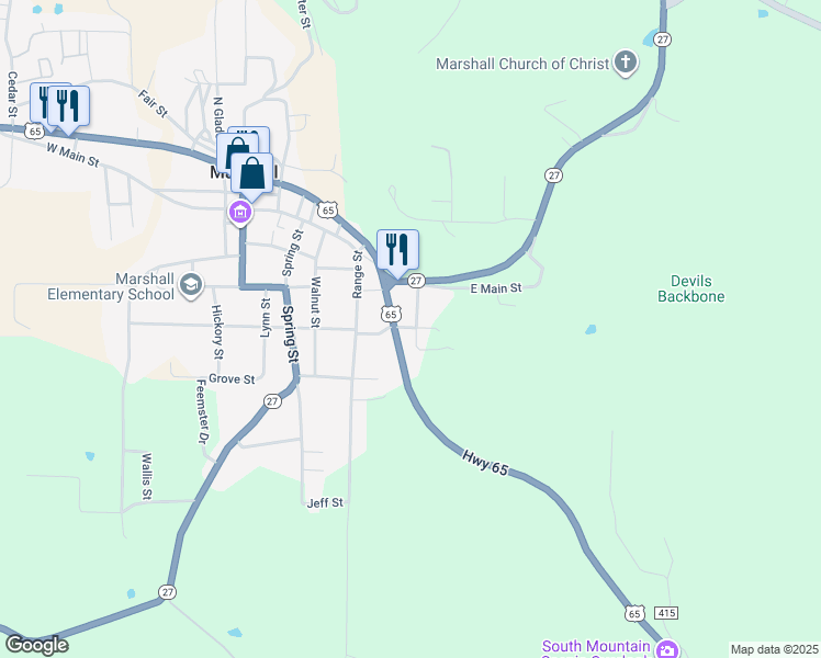 map of restaurants, bars, coffee shops, grocery stores, and more near 503 Campus Street in Marshall