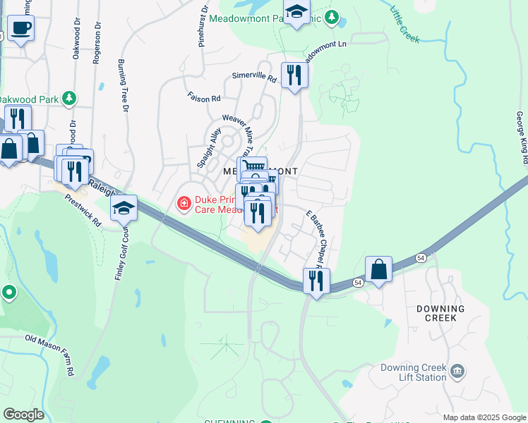 map of restaurants, bars, coffee shops, grocery stores, and more near 633 Meadowmont Village Circle in Chapel Hill