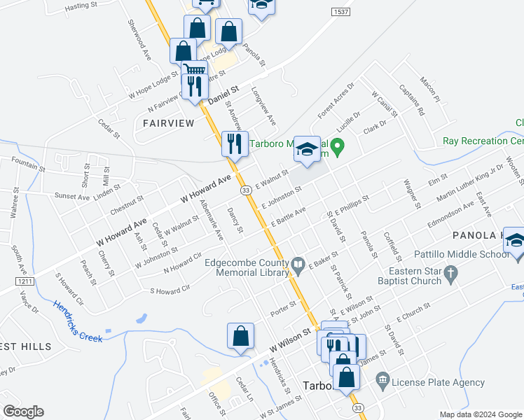 map of restaurants, bars, coffee shops, grocery stores, and more near 1315 North Main Street in Tarboro
