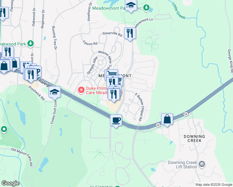 map of restaurants, bars, coffee shops, grocery stores, and more near 633 Meadowmont Village Circle in Chapel Hill