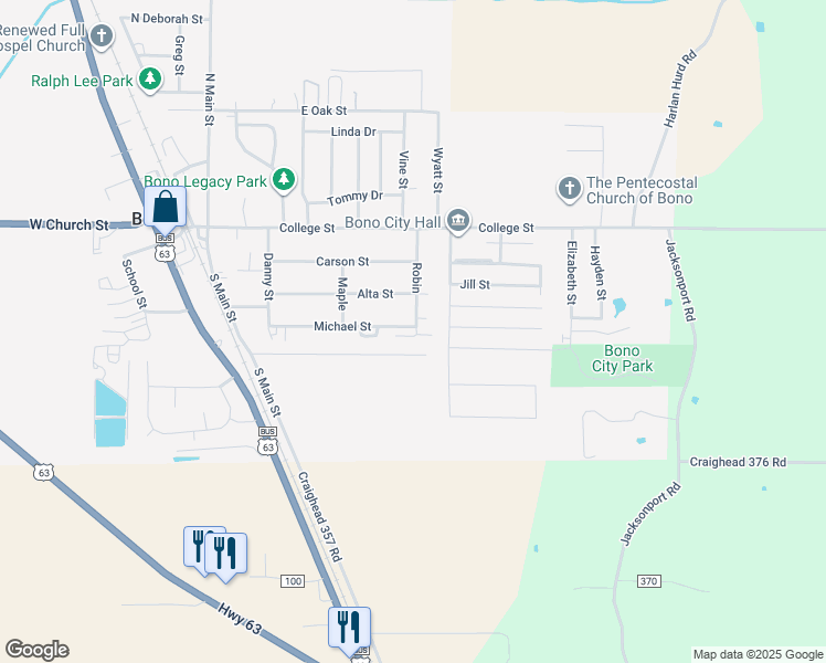 map of restaurants, bars, coffee shops, grocery stores, and more near 405 Brian in Bono