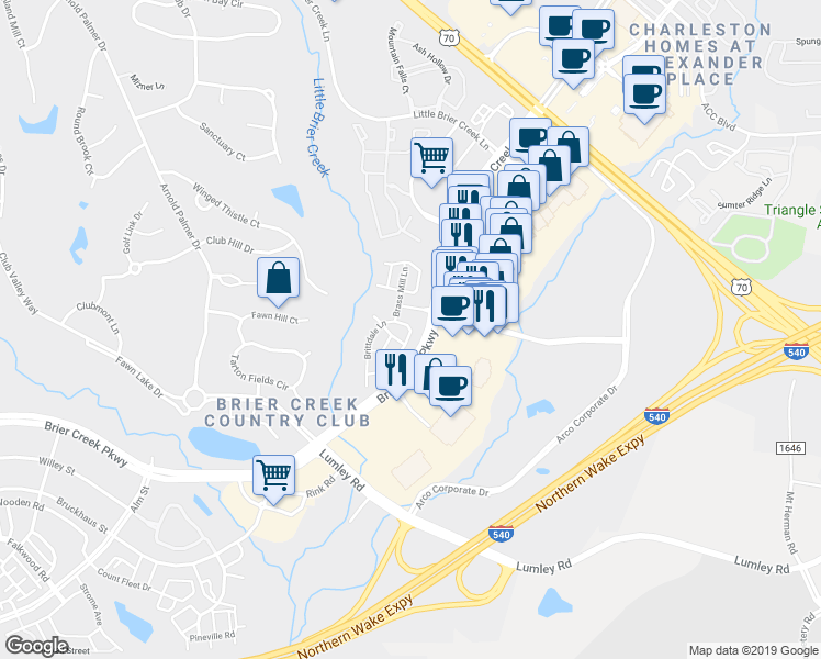 map of restaurants, bars, coffee shops, grocery stores, and more near 8510 Brittdale Lane in Raleigh