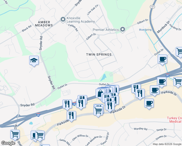 map of restaurants, bars, coffee shops, grocery stores, and more near 900 High Springs Road in Knoxville