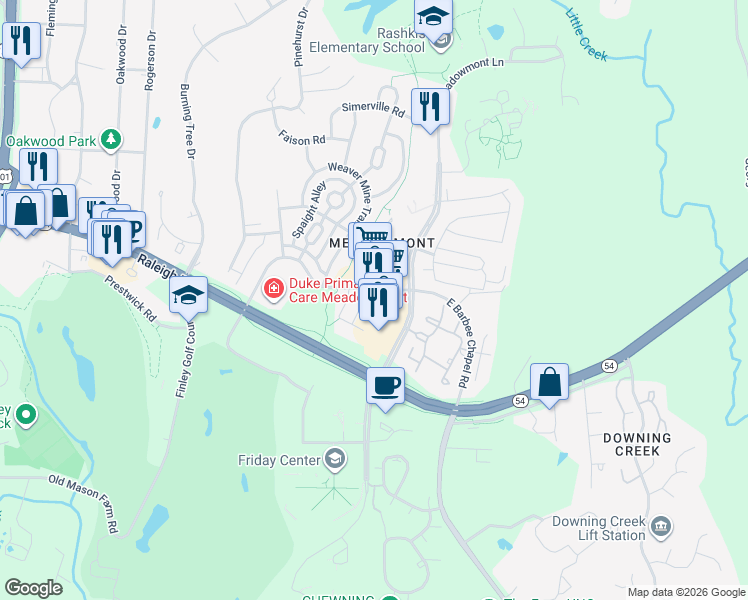 map of restaurants, bars, coffee shops, grocery stores, and more near 532 Meadowmont Village Circle in Chapel Hill