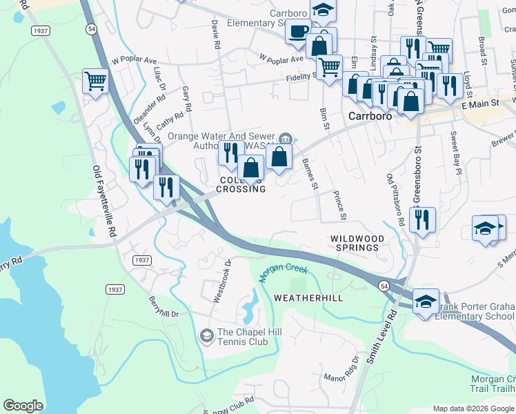 map of restaurants, bars, coffee shops, grocery stores, and more near 501 Jones Ferry Road in Carrboro