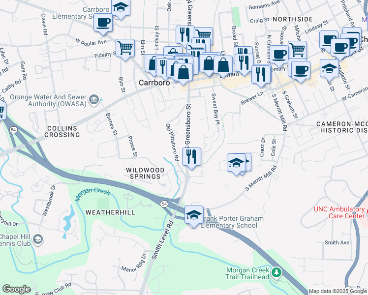 map of restaurants, bars, coffee shops, grocery stores, and more near 422 South Greensboro Street in Carrboro