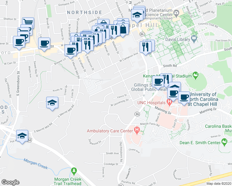 map of restaurants, bars, coffee shops, grocery stores, and more near 305 Brookside Drive in Chapel Hill