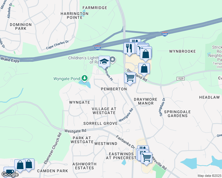 map of restaurants, bars, coffee shops, grocery stores, and more near 9612 Treymore Drive in Raleigh