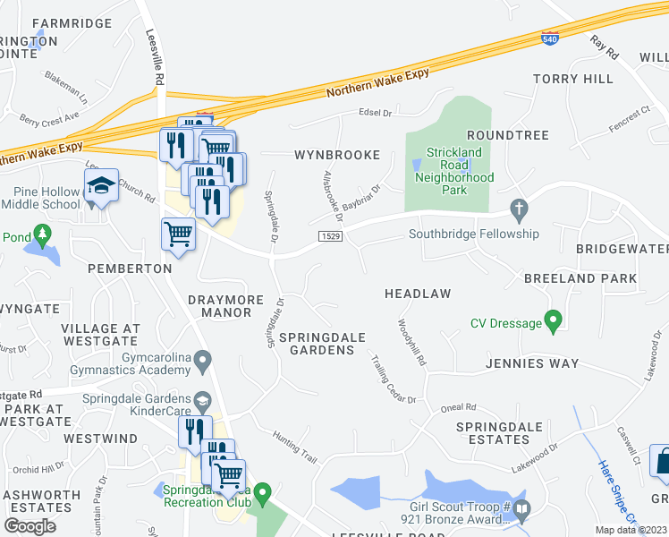 map of restaurants, bars, coffee shops, grocery stores, and more near 9412 Owls Nest Drive in Raleigh